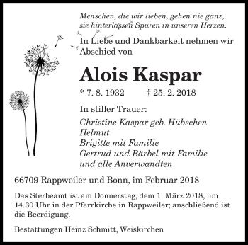 Todesanzeige von Alois Kaspar von saarbruecker_zeitung