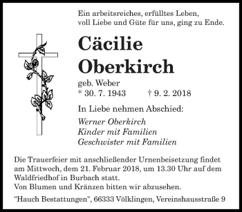 Todesanzeige von Cacilie Oberkirch von saarbruecker_zeitung