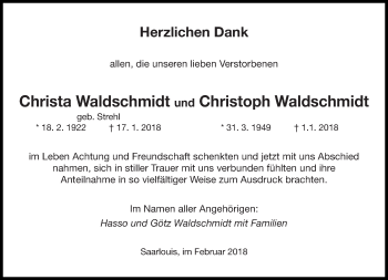 Todesanzeige von Christa und Christoph Waldschmidt von saarbruecker_zeitung