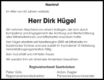 Todesanzeige von Dirk Hügel von saarbruecker_zeitung