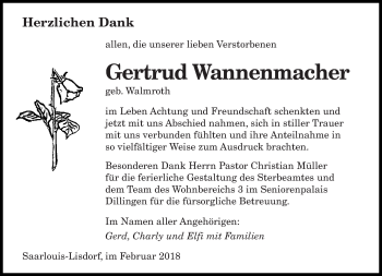 Todesanzeige von Gertrud Wannenmacher von saarbruecker_zeitung