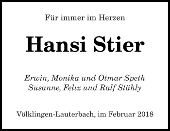 Todesanzeige von Hansi Stier von saarbruecker_zeitung