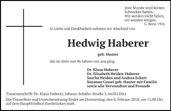 Todesanzeige von Hedwig Haberer von saarbruecker_zeitung