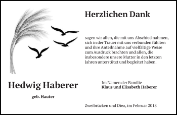 Todesanzeige von Hedwig Haberer von saarbruecker_zeitung