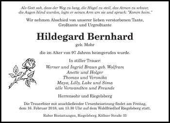 Todesanzeige von Hildegard Bernhard von saarbruecker_zeitung