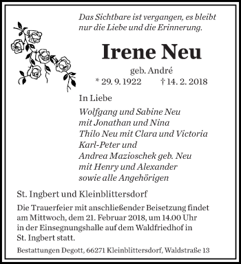 Todesanzeige von Irene Neu von saarbruecker_zeitung