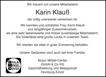 Todesanzeige von Karin Klauß von saarbruecker_zeitung