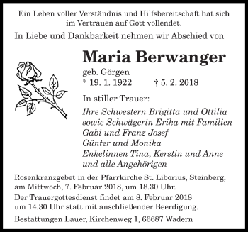 Todesanzeige von Maria Berwanger von saarbruecker_zeitung
