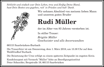 Todesanzeige von Rudi Müller von saarbruecker_zeitung