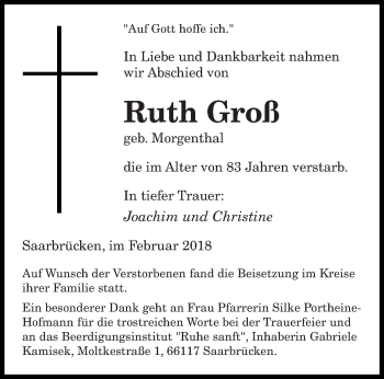 Todesanzeige von Ruth Groß von saarbruecker_zeitung