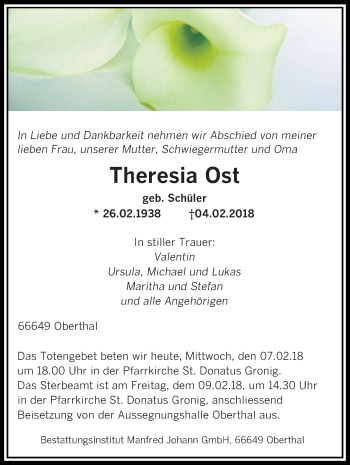 Todesanzeige von Theresia Ost von saarbruecker_zeitung