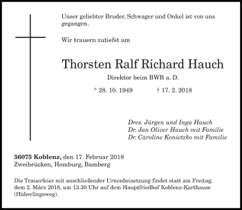 Todesanzeige von Thorsten Ralf Richard Hauch von saarbruecker_zeitung
