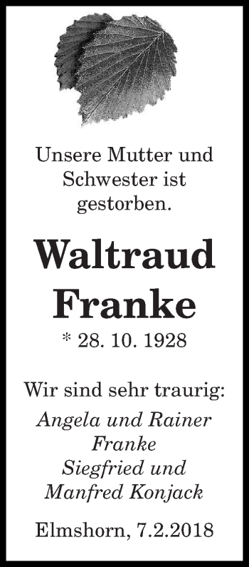 Todesanzeige von Waltraud Franke von saarbruecker_zeitung