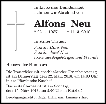 Todesanzeige von Alfons Neu von saarbruecker_zeitung