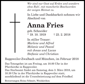 Todesanzeige von Anna Fries von saarbruecker_zeitung