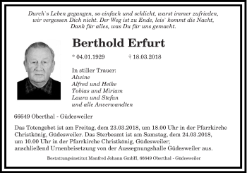 Todesanzeige von Berthold Erfurt von saarbruecker_zeitung