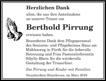 Todesanzeige von Berthold Pirrung von saarbruecker_zeitung