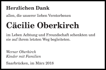 Todesanzeige von Cäcilie Oberkirch von saarbruecker_zeitung
