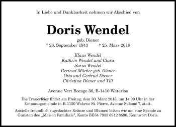 Todesanzeige von Doris Wendel von saarbruecker_zeitung