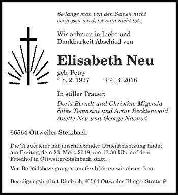 Todesanzeige von Elisabeth Neu von saarbruecker_zeitung
