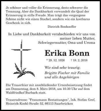 Todesanzeige von Erika Bonn von saarbruecker_zeitung