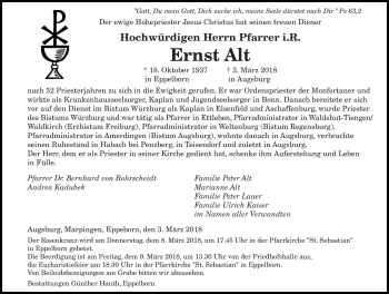 Todesanzeige von Ernst Alt von saarbruecker_zeitung