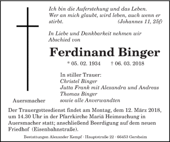 Todesanzeige von Ferdinand Binger von saarbruecker_zeitung