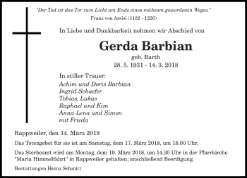 Todesanzeige von Gerda Barbian von saarbruecker_zeitung