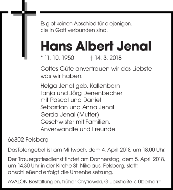 Todesanzeige von Hans Albert Jenal von saarbruecker_zeitung