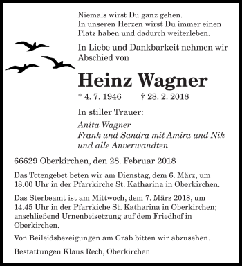 Todesanzeige von Heinz Wagner von saarbruecker_zeitung