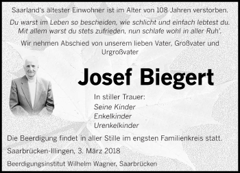 Todesanzeige von Josef Biegert von saarbruecker_zeitung