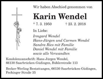 Todesanzeige von Karin Wendel von saarbruecker_zeitung