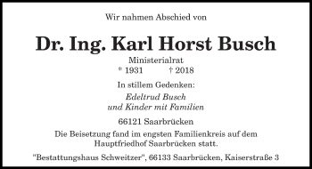 Todesanzeige von Karl Horst Busch von saarbruecker_zeitung