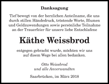 Todesanzeige von Käthe Weissbrod von saarbruecker_zeitung
