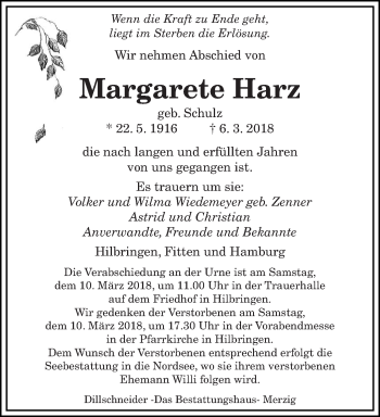 Todesanzeige von Margarete Harz von saarbruecker_zeitung