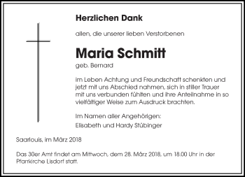 Todesanzeige von Maria Schmitt von saarbruecker_zeitung