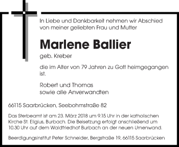 Todesanzeige von Marlene Ballier von saarbruecker_zeitung