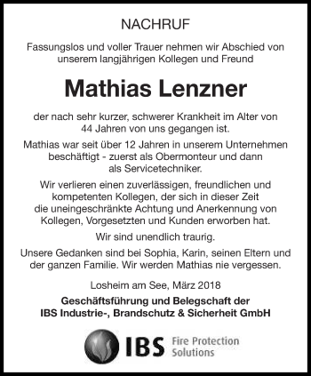Todesanzeige von Mathias Lenzner von saarbruecker_zeitung