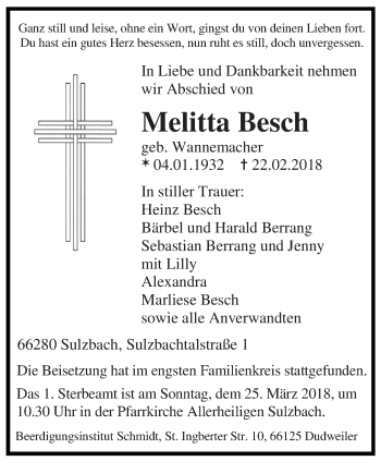 Todesanzeige von Melitta Besch von saarbruecker_zeitung