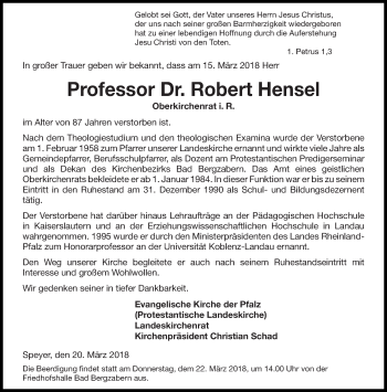 Todesanzeige von Robert Hensel von saarbruecker_zeitung