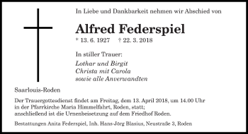 Todesanzeige von Alfred Federspiel von saarbruecker_zeitung