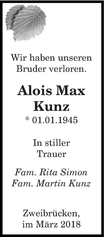 Todesanzeige von Alois Max Kunz von saarbruecker_zeitung