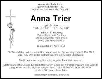 Todesanzeige von Anna Trier von saarbruecker_zeitung