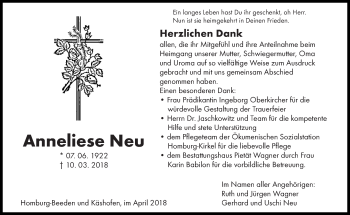 Todesanzeige von Anneliese Neu von saarbruecker_zeitung