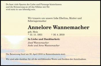 Todesanzeige von Annelore Wannemacher von saarbruecker_zeitung