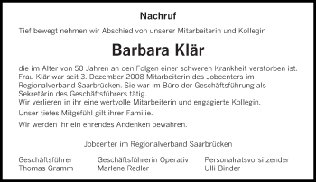 Todesanzeige von Barbara Klär von saarbruecker_zeitung