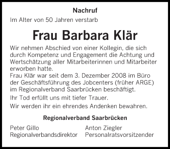 Todesanzeige von Barbara Klär von saarbruecker_zeitung
