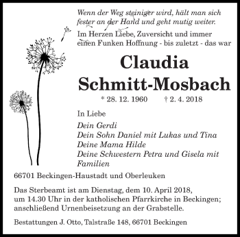 Todesanzeige von Claudia Schmitt-Mosbach von saarbruecker_zeitung