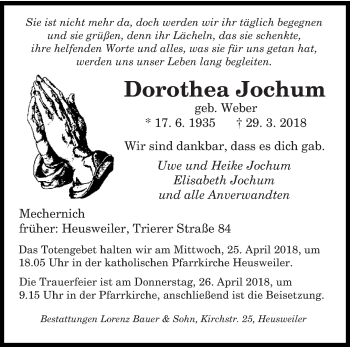 Todesanzeige von Dorothea Jochum von saarbruecker_zeitung