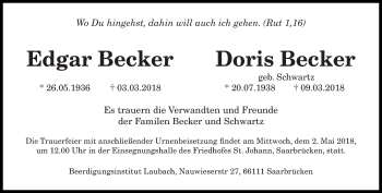 Todesanzeige von Edgar und Doris Becker von saarbruecker_zeitung